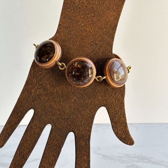 Vintage 1970s Resin & Wood Bracelet, 8” Modernist Studio Jewelry - Picture 7 of 12